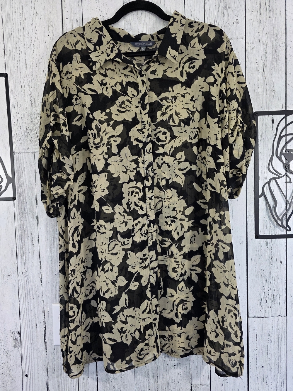 Addition Elle Floral Sheer Button-Up Tunic Blouse Size 24 Work Business Wear